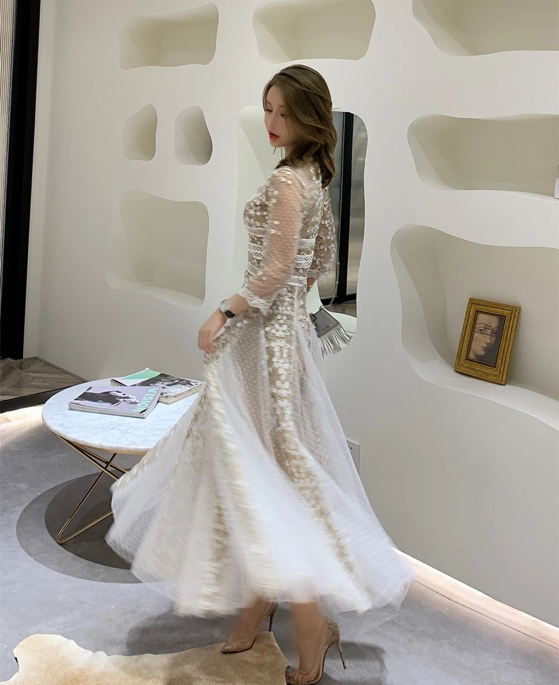 Платье женское Сетчатое с вышивкой длинное кружевное вечернее длинным рукавом V