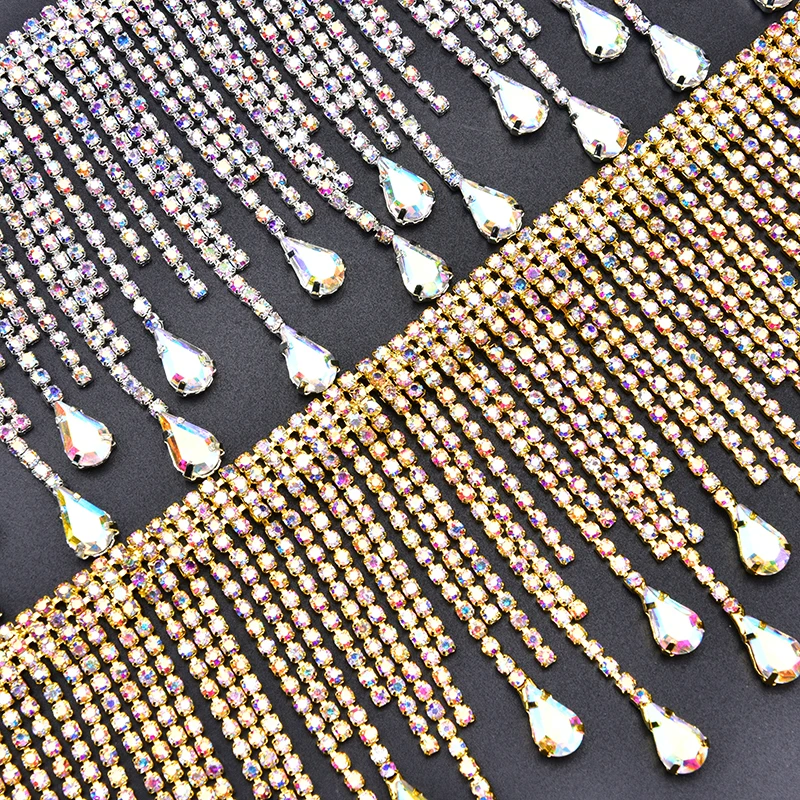 

DIY Glass Teardrop Rhinestone Tassels Chain Crystal Gold AB Fringing Necklace Dancing Dress Shinning Trimming Strass 45cm