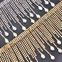 diy glass teardrop rhinestone tassels chain crystal gold ab fringing necklace dancing dress shinning trimming strass 45cm