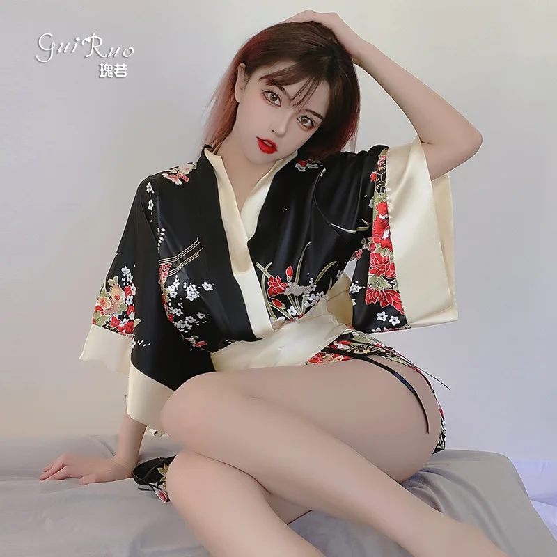 

Brand high-end sexy lingerie sexy retro printed cardigan kimono bandage girdle cosplay uniform set 207