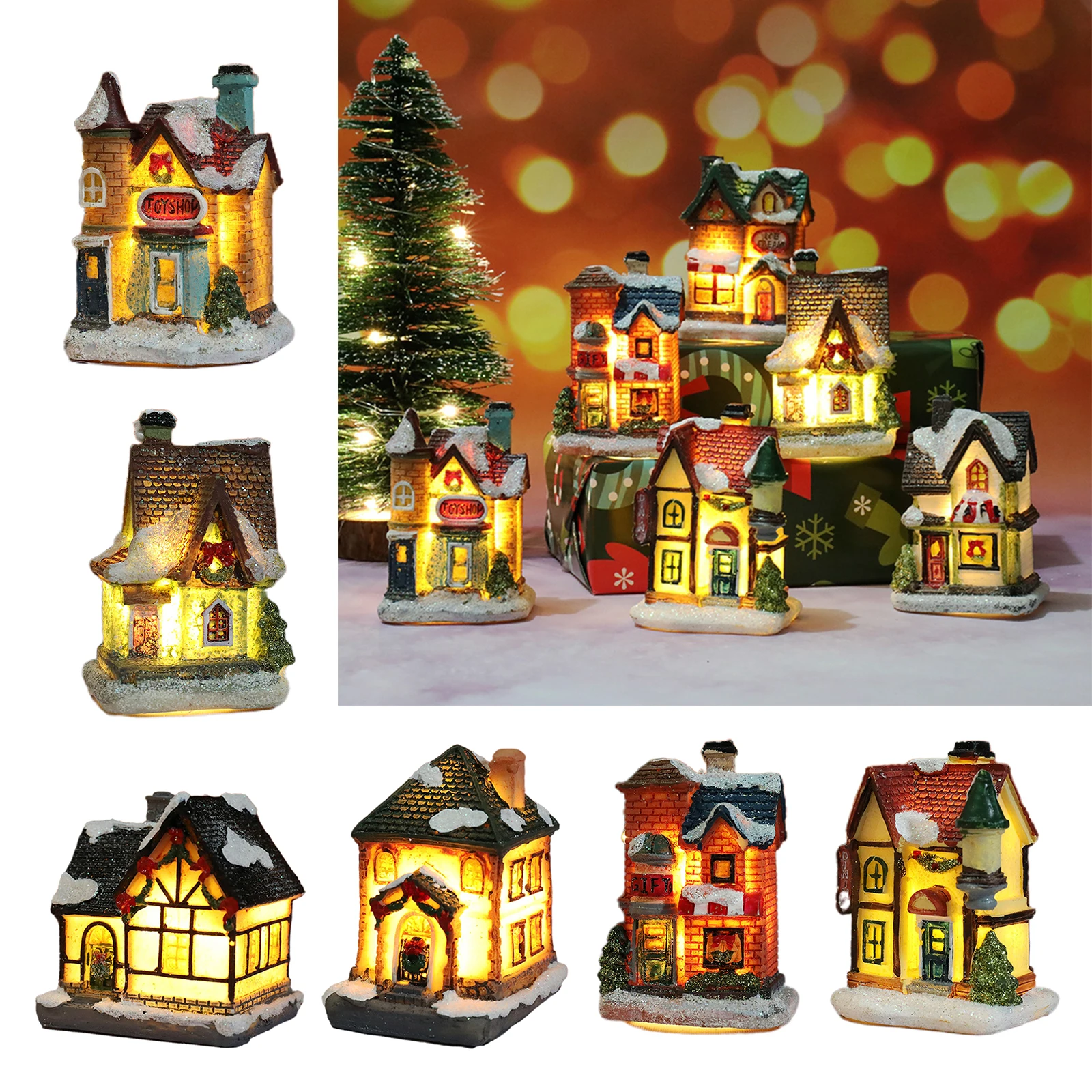 

6pcs Resin LED Christmas Village House Xmas Home Fairy Garden Decor Gift