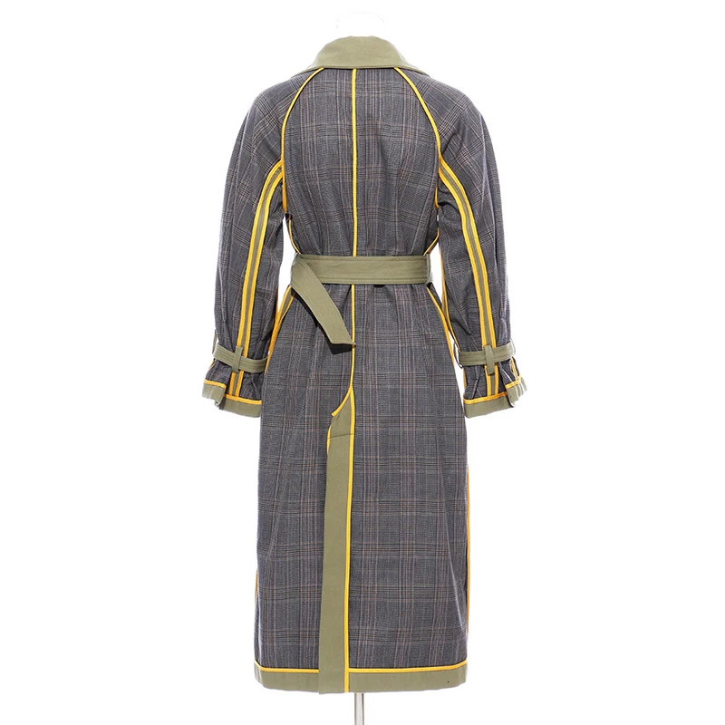 

Casual Patchwork Plaid Windbreaker For Women Lapel Long Sleeve High Waist Sashes Hit Color Coat Female 2020 Fall Fashion New