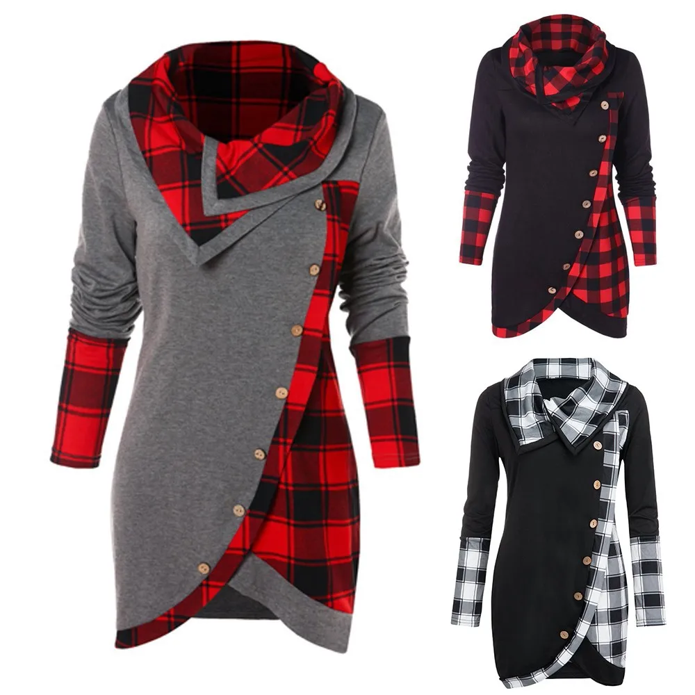 

Spring Autumn Lapel Plaid Printed Long Sleeve Irregular Blouse Women Turtleneck Tartan Sweatshirt Pullover рубашка женская