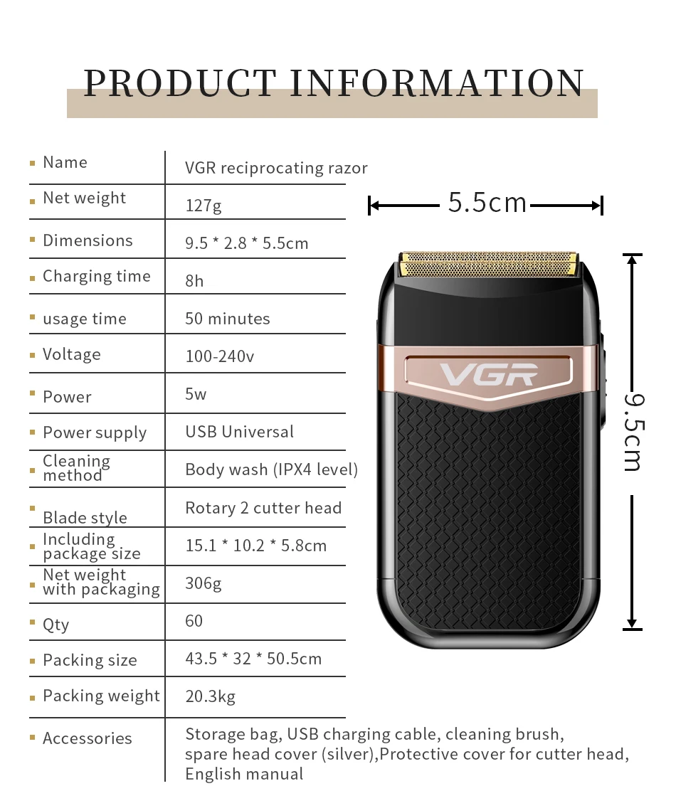

VGR Razor for Face Razor Electric Reciprocating Shaver Body Wash Mini Version Portable Leather Case Shaver for Menone Blade V331