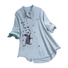 Женская блузка с принтом в виде кота, с длинным рукавом, на пуговицах, лето, размера плюс