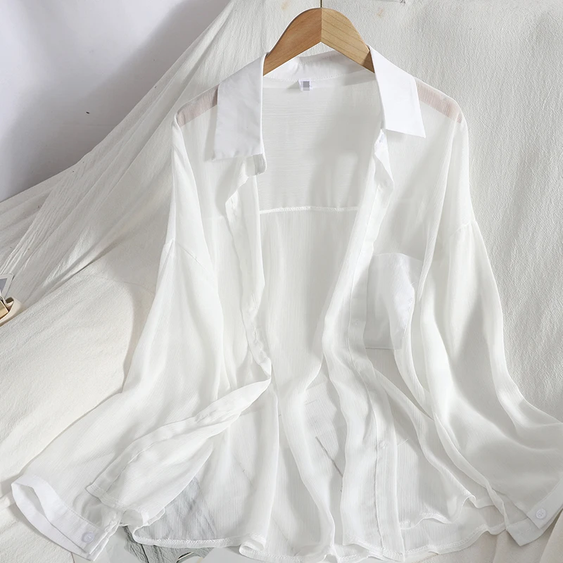 Pearl Diary Женская Летняя Пляжная накидка шифон рубашки на пуговицах прозрачные