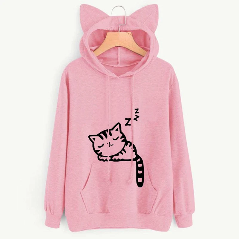 Womens Blouse Cute Cat Print Long Sleeve Hoodie Sweatshirt sport Pullover female shirt ladies Tops Blouses Autumn and Winter | Женская