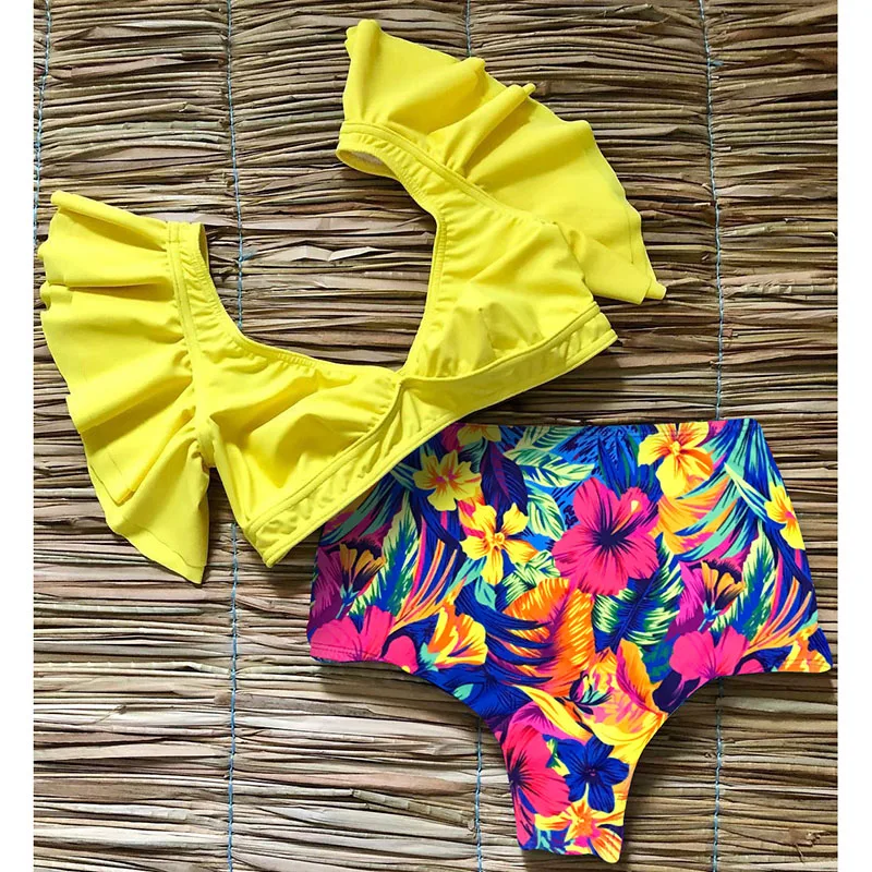 

Floral Ruffled Hem Bikini Set Women Flora V-neck High-waisted Two Piece Swimsuit 2021 Girl Beach Bathing Suit Swimwear