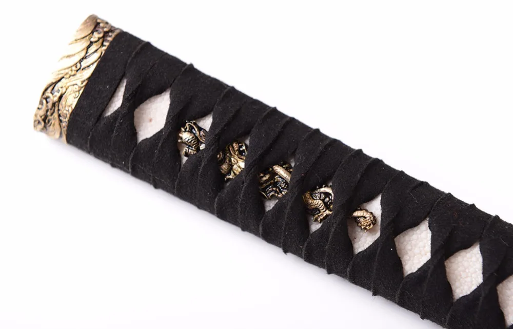 Shijian Swords High Grade Tsuka Handle For Katana Real Leather Ito Wrapped Tsuka Assembled with Brass Fitting 26 CM Black Handle