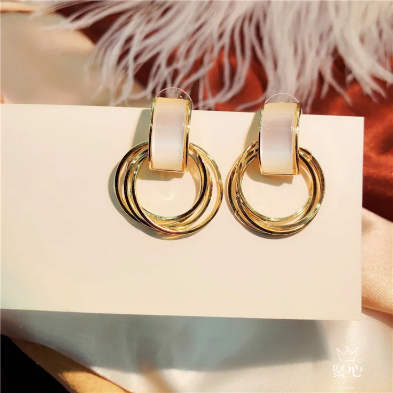 

925 Silver Needle Geometric Round Earrings Temperament Opal Earrings Color-preserving Electroplating Female Earrings Jewelry
