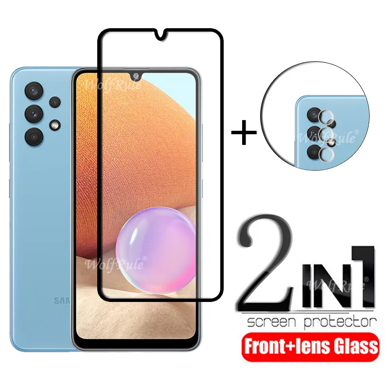 

2-in-1 For Samsung Galaxy A32 Glass For Samsung A32 Tempered Glass Full Cover Glue Screen Protector For Samsung A32 Lens Glass