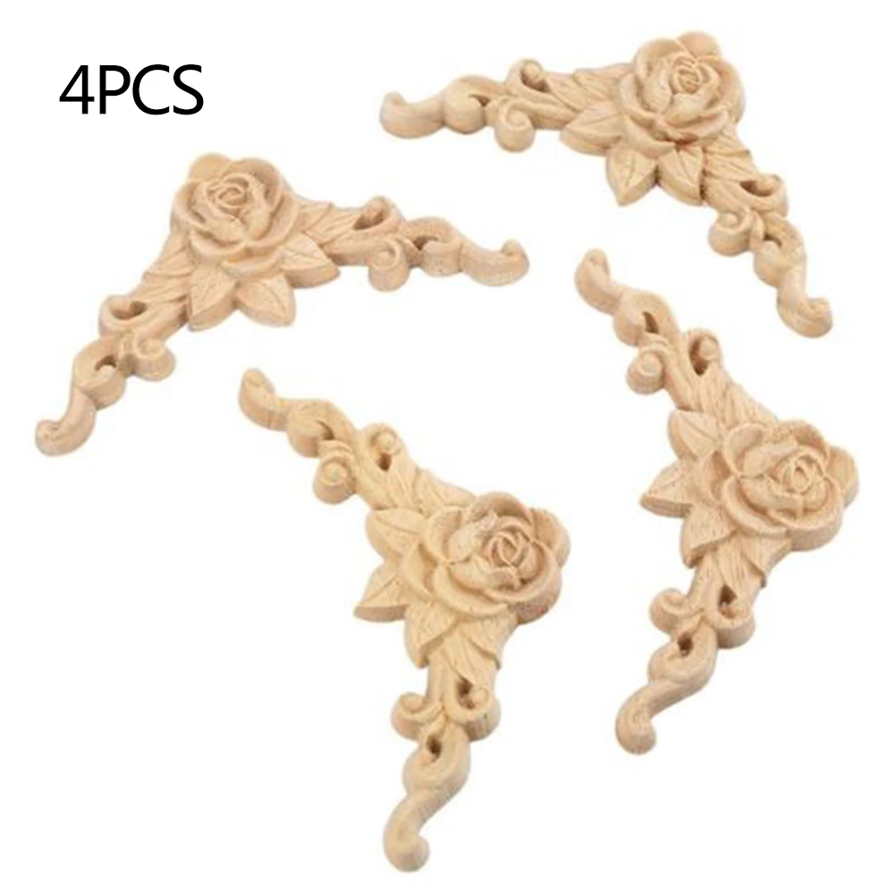 

4pcs 8*8cm Rose Decals Wood Carved Corner Onlay Applique Door Cabinet Rose Unpainted Europe Style Door Cabinet Bed Decoration