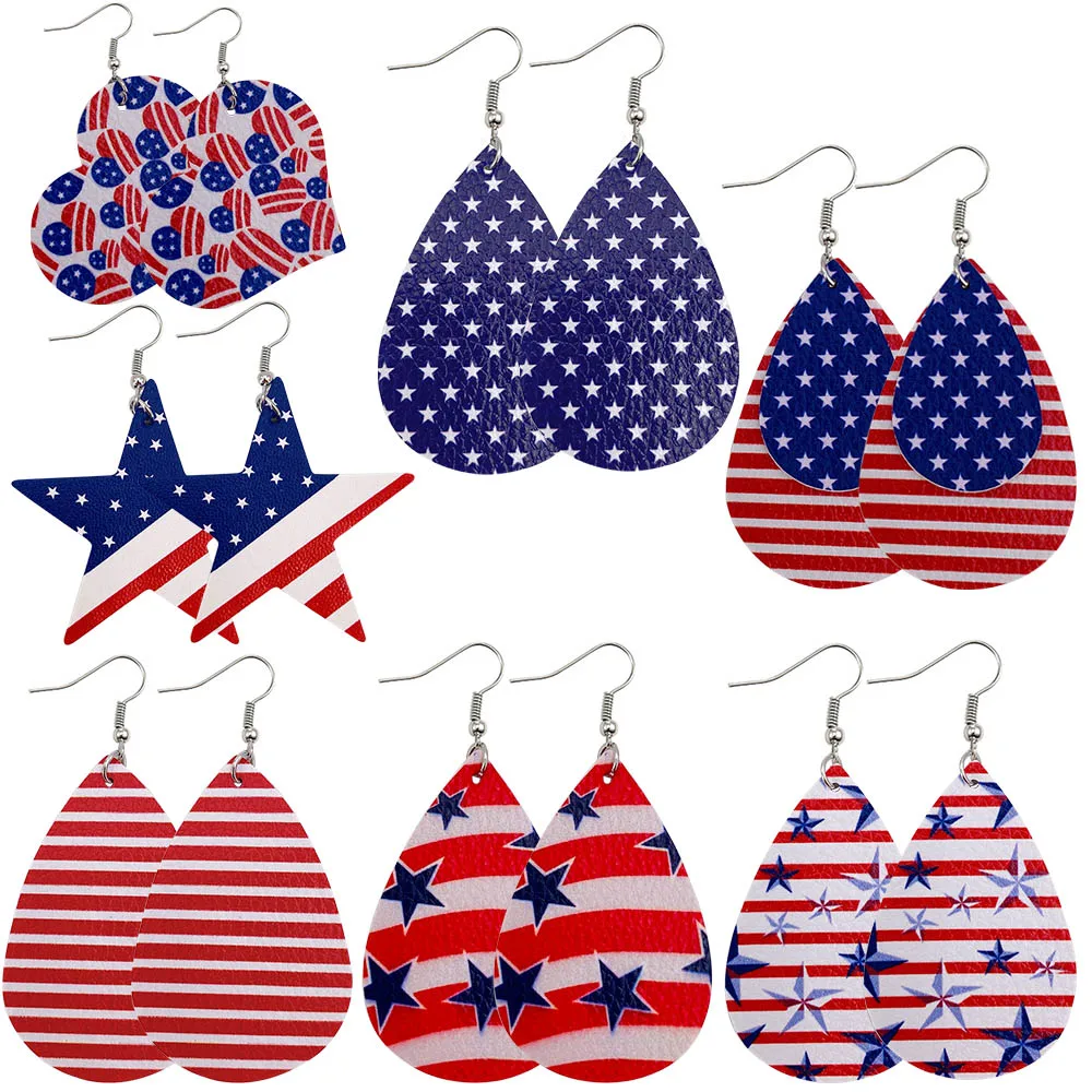 

Pu Leather Earrings Stripe Print American Independence Day USA Flag Leaf Water Drop Earrings Fashion Jewelry Accessories