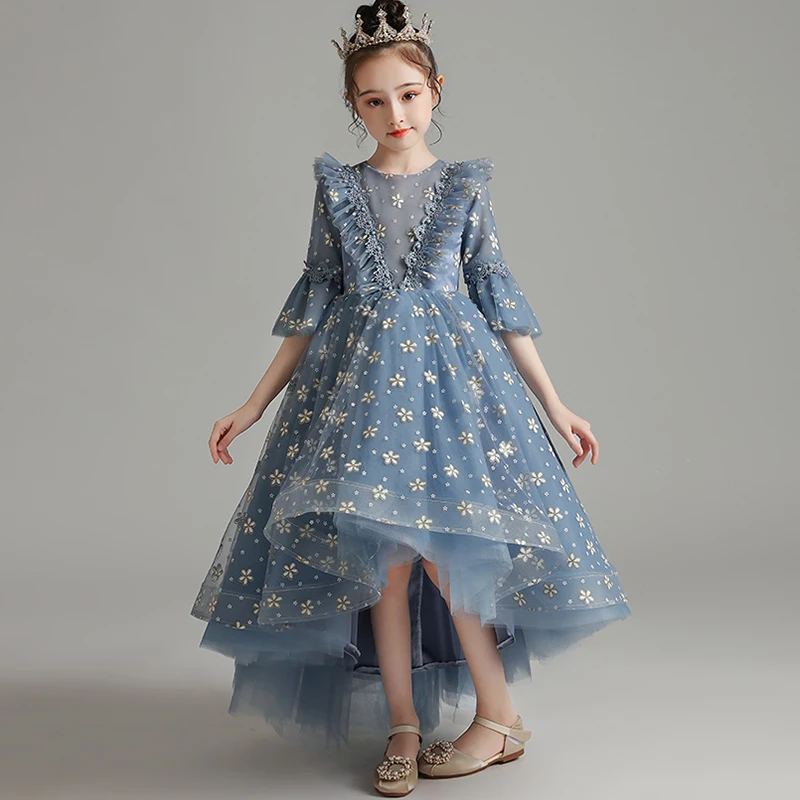 

Flower Girl Dress Illusion Appliques Embroidery Pearls O-Neck Three Quarter Princess Knee-Length Tulle Lace Kids Party Gown H305