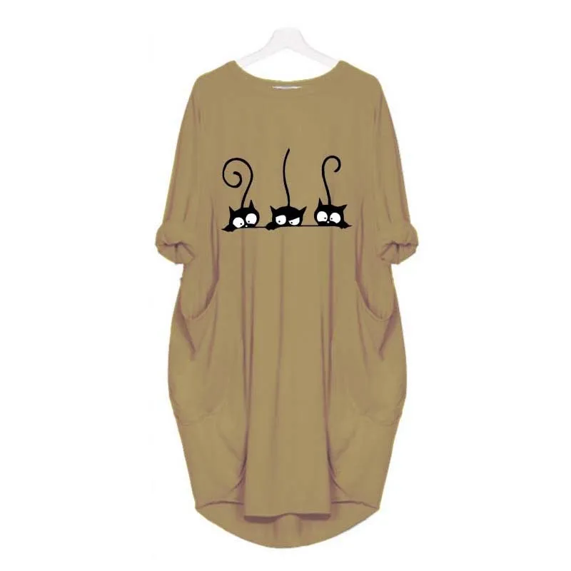 Осеннее платье для женщин с модным принтом кота круглым вырезом длинным рукавом