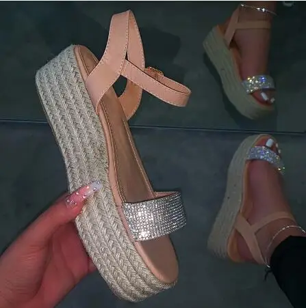 

Dropshipping Women Sandals Buckle Strap Bling Hemp Flat Platform Outdoor Ladies Casual Sandalias Summer Fashion Shoes Plus Size