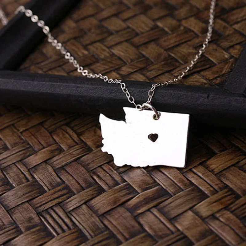 

Wholesale Silver Washington State Necklace I Heart Pendent Personalized Any Map Fashion Jewelry Christmas Gift collar mapa
