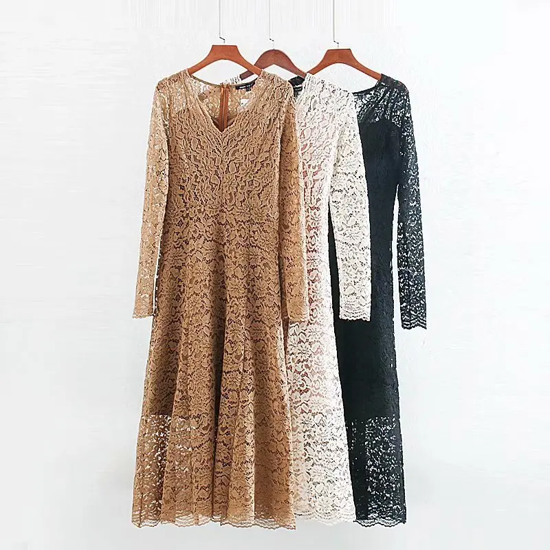 Женское модное кружевное платье миди с v-образным вырезом длинным рукавом