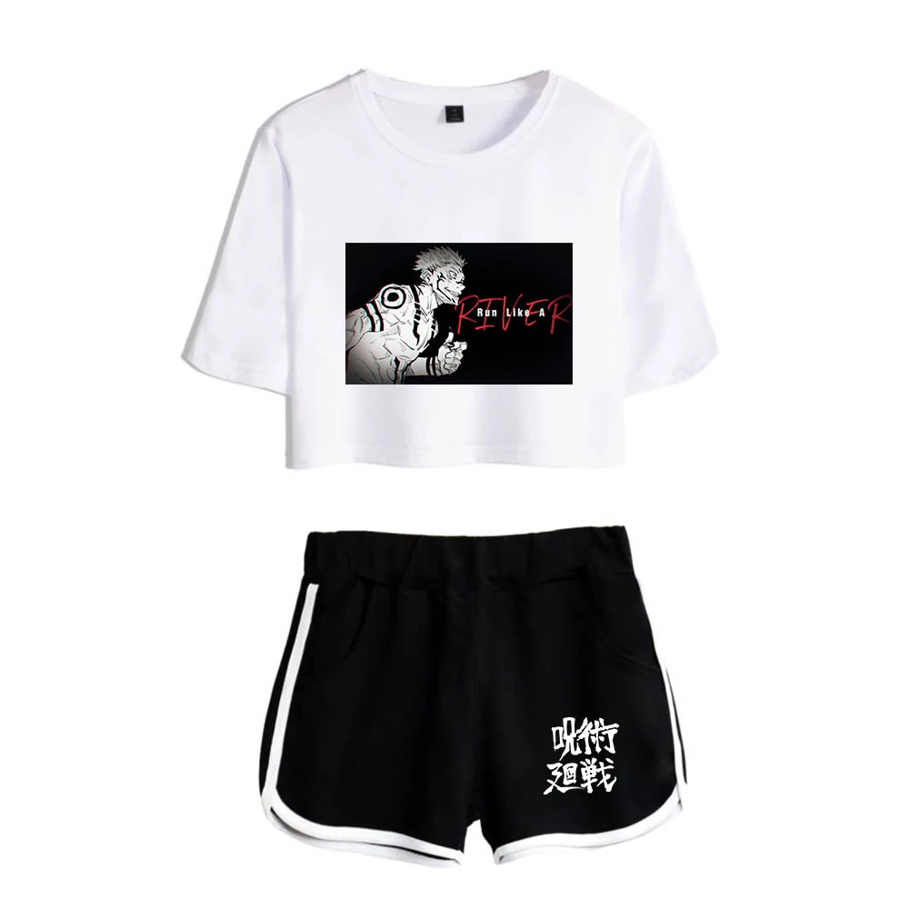 

Jiujitsu-Kaisen Shirt Anime Crop T shirt Top+Shorts Tracksuit Female 2 Piece Set Women Summer Short Sleeve Girl Suit Pajamas