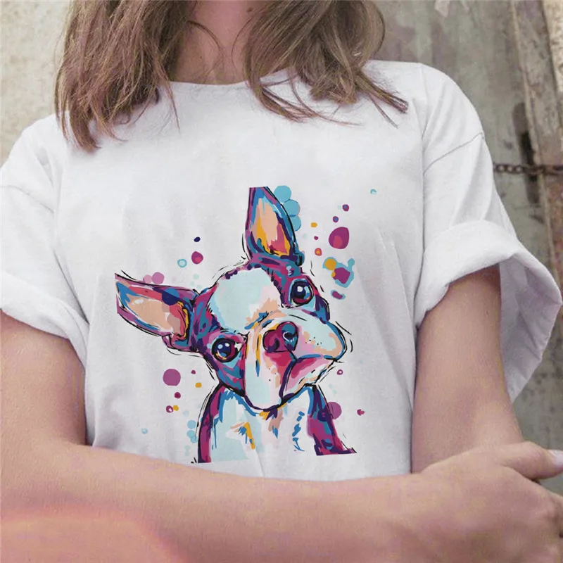 

Lovessales Womens Painting Fighting Cute Dog Graphic O Neck Short Sleeve 100% Cotton T-shirt