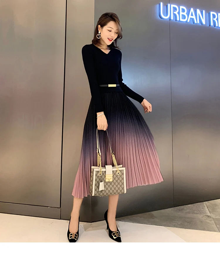 Женское весенне-осеннее трикотажное плиссированное платье миди в стиле пэчворк -