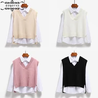 sweaters vests women knitted v neck solid sweater vest womens side slit asymmetrical korean style loose stylish jumpers casual