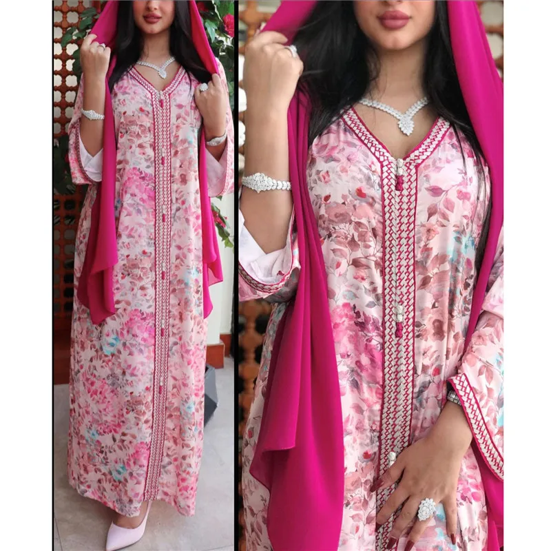 

Elegant Muslim Floral Print Long Dress Arabic Abaya Islamic Clothing Ramadan V-neck Dubai Caftan Jalabiya Women Casual Maxi Robe