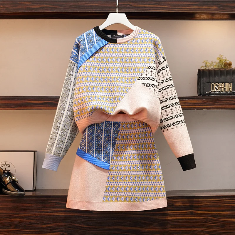 Женская одежда осенняя новый стиль стройнящий костюм для полных сестер свитер с