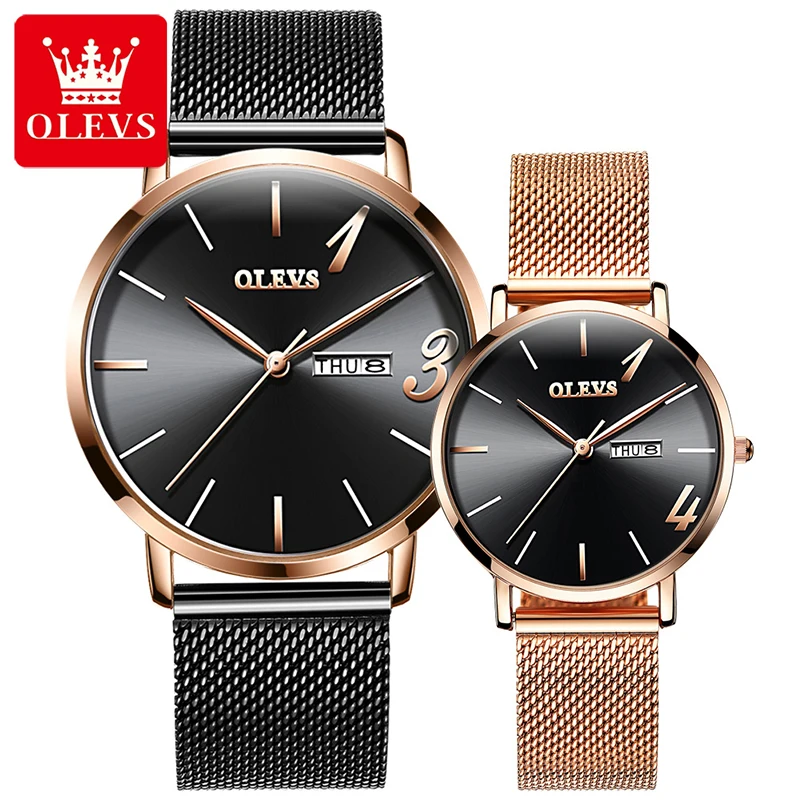 OLEVS Casual Fashion Ultra-thin Couple Quartz Watch Top Brand Luxury Rose Gold Simple Dial Mesh Strap Waterproof Watch 2863