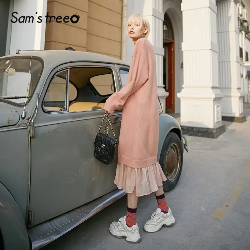 SAM'S TREE Черный однотонный минималистичный стиль Вязаный Пуловер женское платье зима розовый чистый шифон пэчворк повседневные женские платья