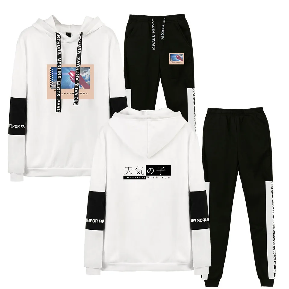 

Аниме Tenki No Ko толстовки с капюшоном и штаны, комплект из 2 предметов, брюки для девочек Harajuku модные футболка и штаны комплекты для мужчин и жен...