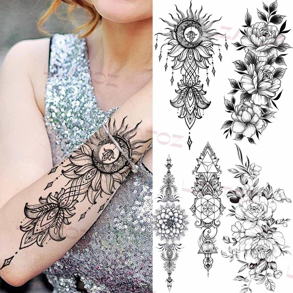 

SunFlower Pendant Temporary Tattoos For Women Girl Henna Peony Rose Fake Tattoo Sticker Washable Body Art Painting Tatoos Decal