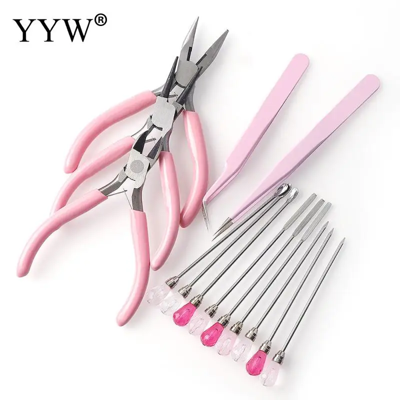 

Pink DIY Jewelry Tool Sets Pliers Scissor Beading Tweezers Pins Brass Rings Crochet Hook Needles Tape Measure Vernier Caliper