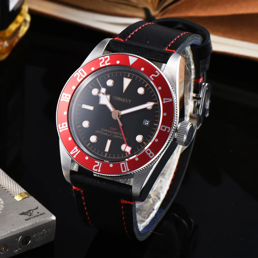 Corgeut 41 мм мужские спортивные GMT черный ободок светящийся сапфир Календарь военные