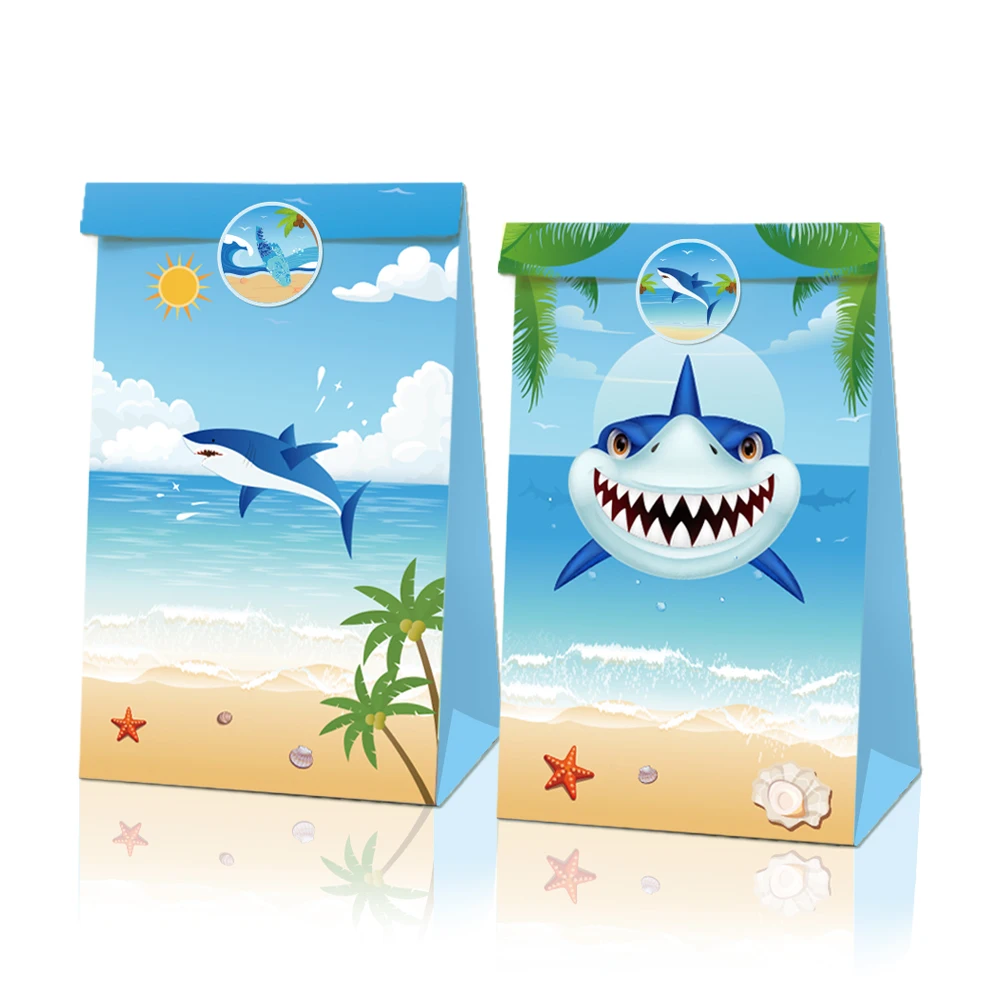 

Baby Shower Blue Sharks Gifts Candy Bags with Stickers Party Favors Cartoon Sharks Thank You Paper Gifts Bags Party Decorations