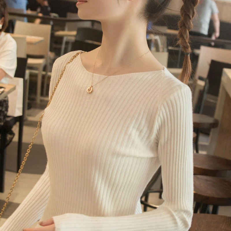 

QRWR 2020 Autumn Winter Woman Sweaters Fashion Casual Slash Neck Long Sleeve Knitting Pullover Elegant Slim Fit Sweaters Woman