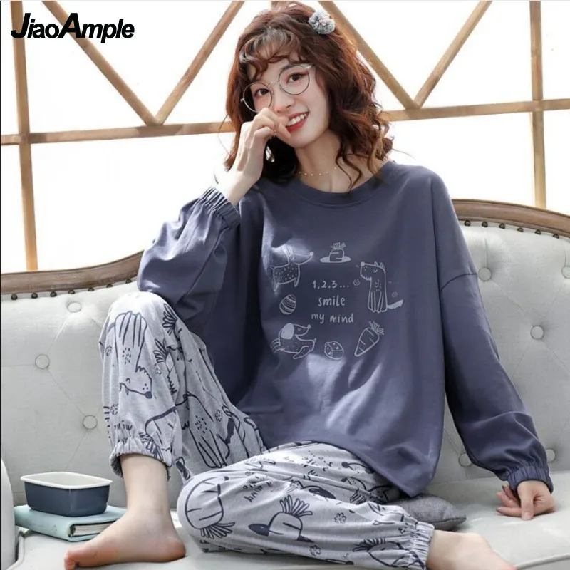100% Cotton Pajamas Women's Autumn Winter Long-sleeved Trousers Pijamas Two-piece Korean Cartoon Loose Sleepwear Nightie Set