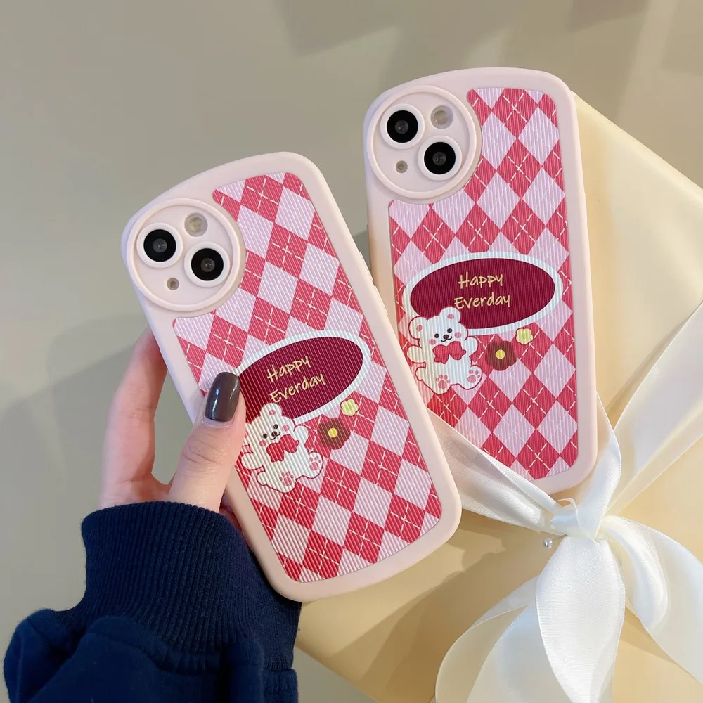

Pink Rhombus Bear Pattern Case For iphone 13ProMax 13Pro 13 11ProMax 11 12Pro 12 XS X XR XSMAX 7 8 Plus Soft Shell