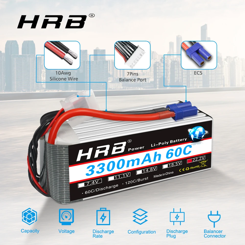 HRB-bater&iacute;a Lipo 6s para Dron teledirigido, 22,2 V, 3300mAh, 60C-3