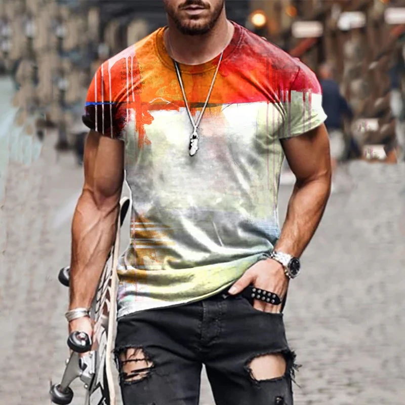 

2021 Men's Casual Short Sleeve T-shirt Summer Crew Neck Painting Print Pullover Fashion Loose Tops