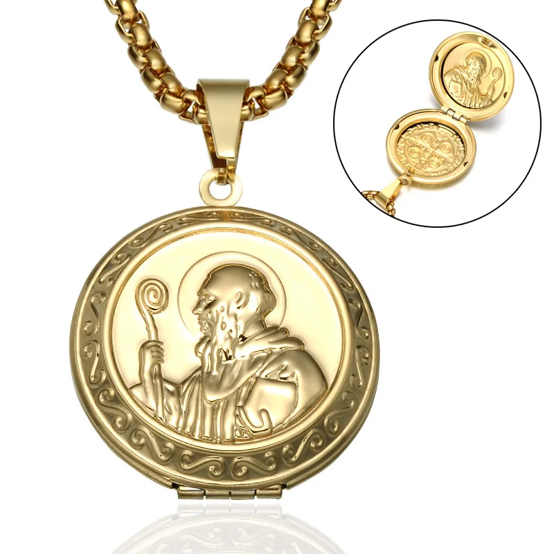 

WT-REN009 Religious Necklace Catholic Saint Benedict Titanium Steel Photo Box Pendant Necklace Exorcist Necklace Jewelry