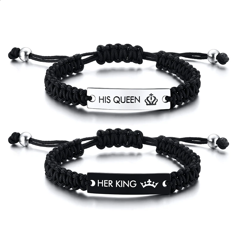 

Fashion Engraved His Queen Her King Stainless steel Couple Braided Rope Bracelet Lovers Jewelry