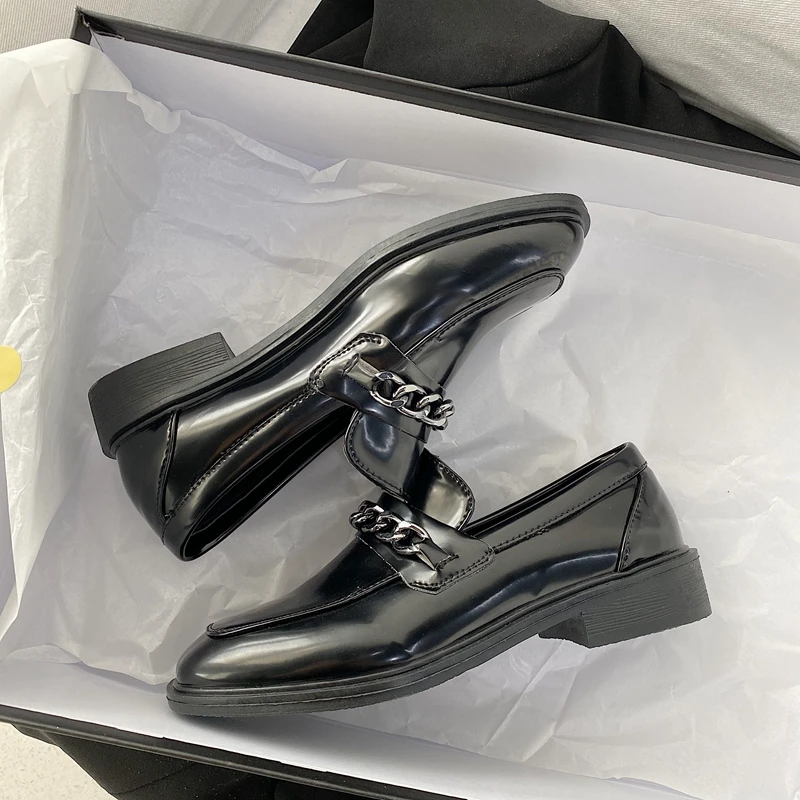 

Shoes Woman Flats Casual Female Sneakers Autumn All-Match Round Toe Shallow Mouth Oxfords Soft Dress Fall Square Retro Leather