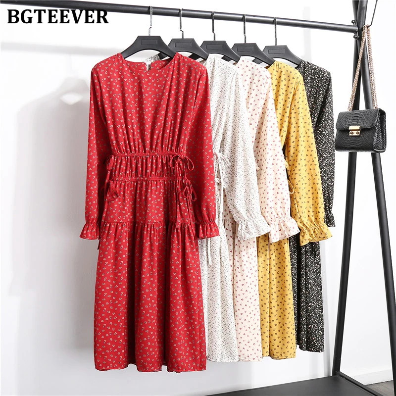 BGTEEVER винтажное платье с круглым вырезом и цветочным принтом женское шифоновое на