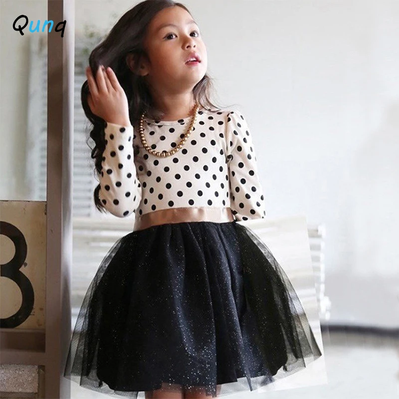 

Qunq 2021 New Spring Girls Dress Long Sleeve Dot Bow Kids Dresses for Girl 2 3 4 5 6 7 8 Year Children Princess Costume