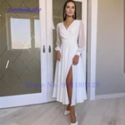 Белое шифоновое свадебное платье с V-образным вырезом и длинным рукавом, с разрезом по бокам, до щиколотки, свадебное платье, женское платье, 2021