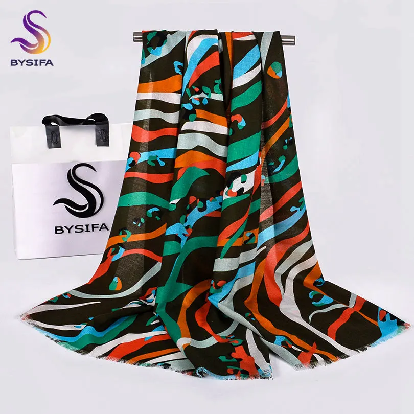 

Black 100% Wool Scarves Shawls Ladies Fashion Color Striped Long Scarves Pashmina Printed 190*70cm Winter Warm Neck Head Scarf