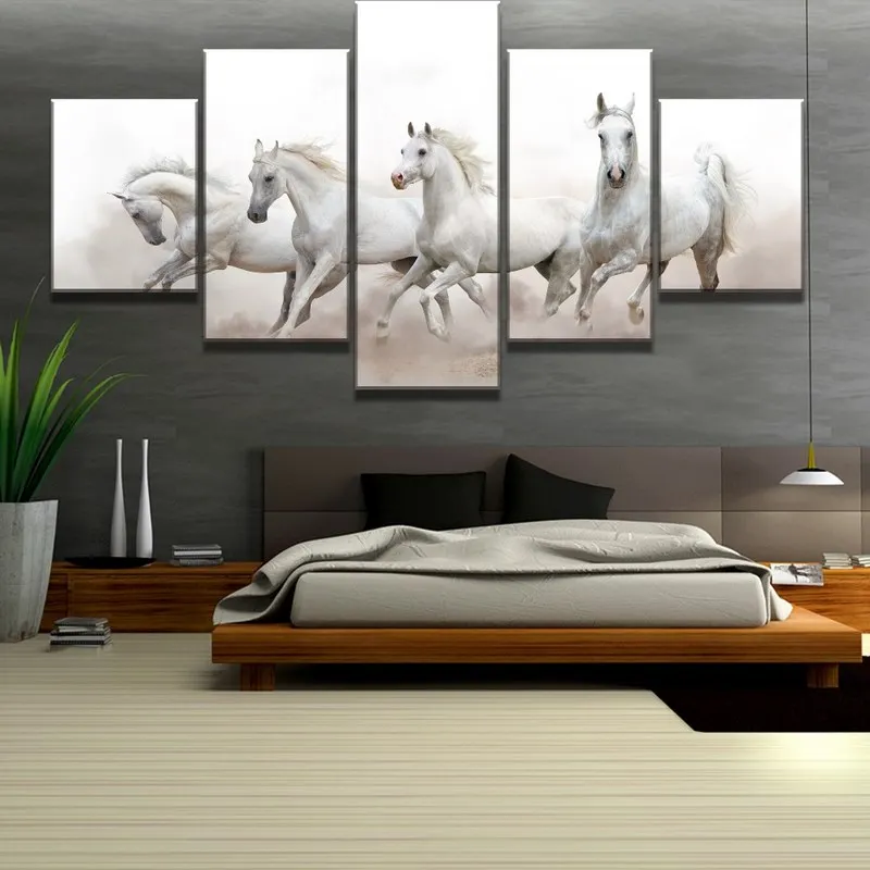 

Canvas Painting 5 Piece Wall Art White Arabian Horses Modern Decorative for Home Decorations Wall Decor Paintings