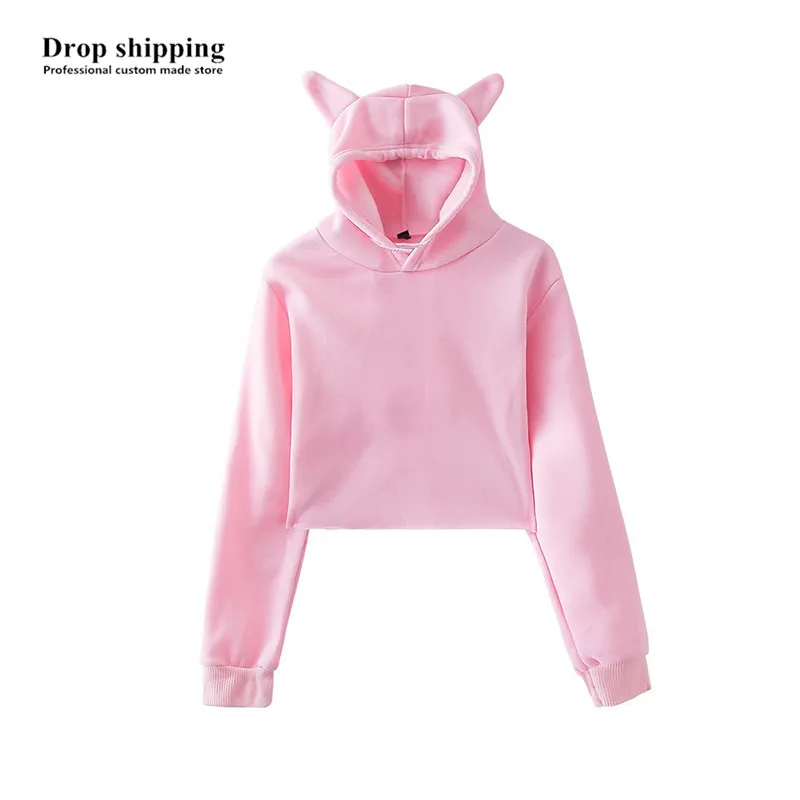 Drop Shipping Women/ Girls Crop Top Hoodies Grils Cat ears Pullovers Hooded Sweatshirts Shorts Tops Accept Custom made Logo DIY | Женская