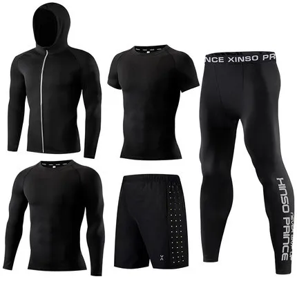 Fitness suit men's basketball tights training suit running gym fast dry spring and autumn five-piece set - Цвет: Золотой